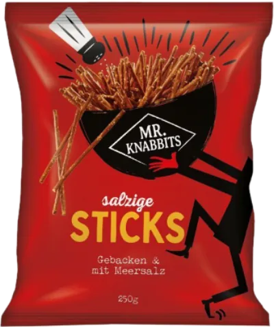 Verpackung von Mr Knabbits Salzstangen